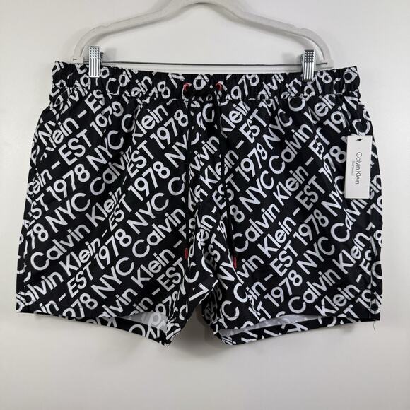 Calvin Klein Swimwear Black White Logo Print Swim Trunks Mens XXL Beach Summer - Picture 1 of 10